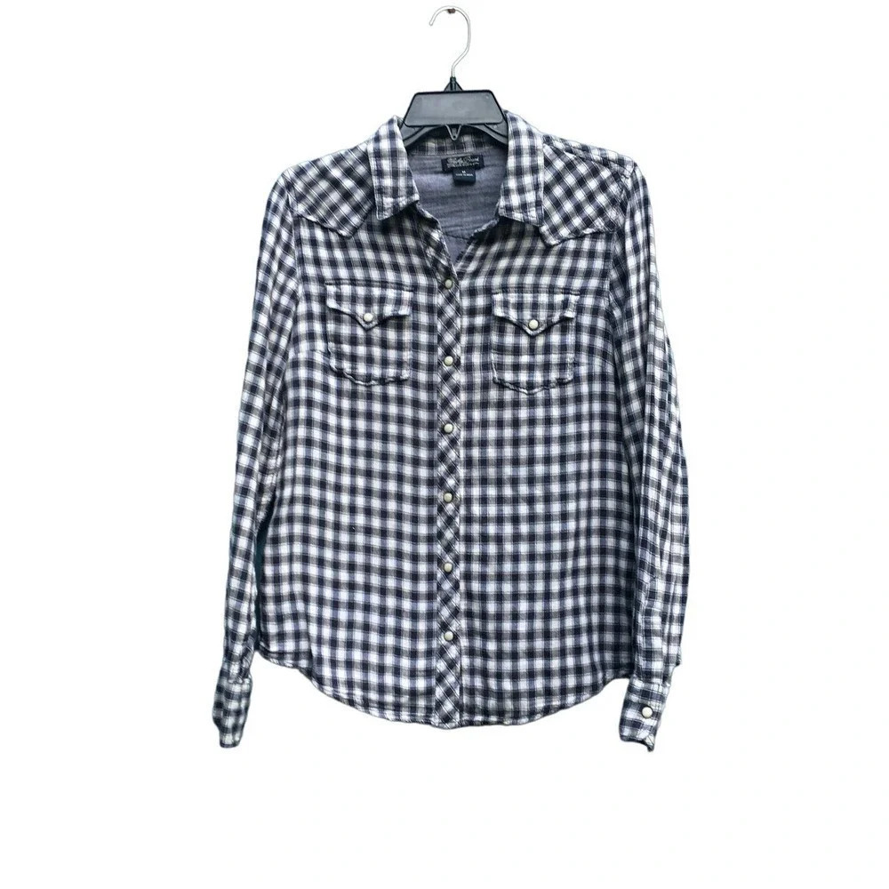 Lucky Brand Women’s Size Medium Blue Gray Plaid Button Down Flannel Shirt